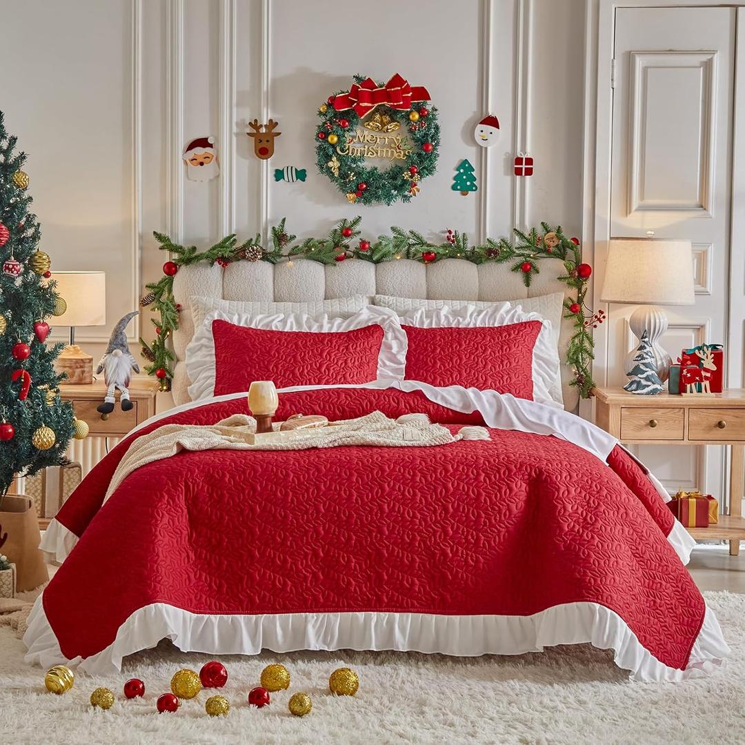 Christmas Quilt Set Ruffled Quilt Set King Size - 3 Pieces Red Shabby Chic Farmhouse with White Ruffle Bedding Holiday Style Oversized Bedspread with Shams for New Year (King-96*108)