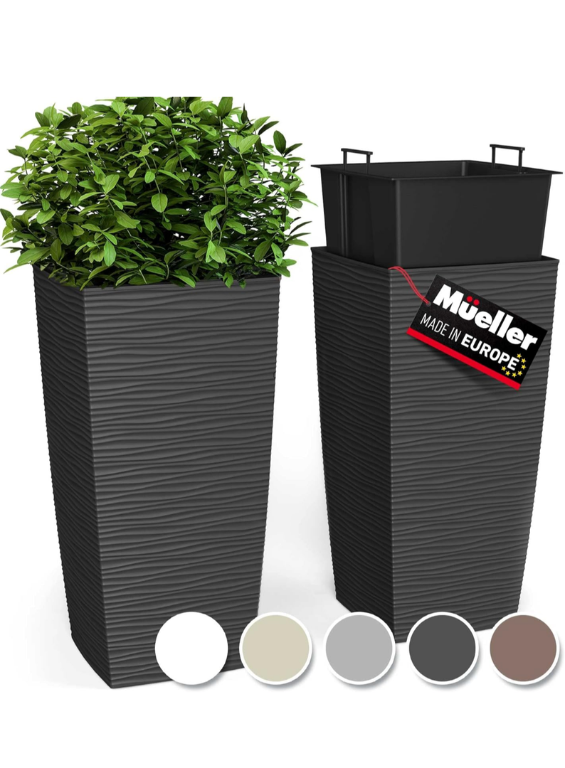 Mueller M-Resin Heavy Duty Tall Planter, Indoor/Outdoor Grande Plant, Tree, Flower Pot, 2-Piece Set, 18”, Modern Design, Built-in Drainage, Dark Grey 1,8 Gallon