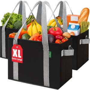 Reusable Grocery Bags (3 Pack ) - Heavy Duty Eco Tote Bags with Box Shape to Stand Up, Hold Up to 65 Lbs - Stay Open & Fold Flat - Foldable Reusable Shopping Bags with Long Handles & Hard Bottom (Black)