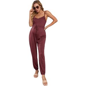 OYOANGLE Women's Maternity V Neck Adjustable Spaghetti Straps Sleeveless Knot Wide Leg Long Pants Casual Jumpsuit (Black, XXXL)