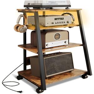 4-Tier AV Media Stand Stereo Cabinet for Record Player Storage, Audio Rack Console Shelf Corner Entertainment Center with Led Lights (Black), 33.86 inches x 25.59 inches x 5.51 inches