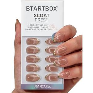 BTArtbox Press On Nails Short - Gold Drops, Lamp-Curable Gold French Tip Cat Eye Almond Press On Nails with Glue and Adhesive Tabs for Women in 16 Sizes - 32 Soft Gel Glue On Nails Kit