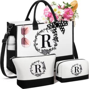 Personalized Gifts for Women, Initial Canvas Tote Bag & Makeup Bag Monogrammed Beach Tote Bags for Women w/ Zipper, Mothers Day Birthday Gifts for Mom Her Wife Girlfriend Sister Best Friend Teacher