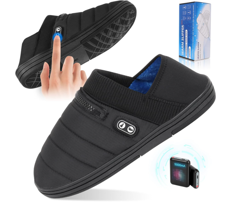 BIAL Unisex Electric Heating Pad Slippers, Rechargeable Battery Shoes Cordless Heat Foot Warmer, Black + Aqua Blue, Large