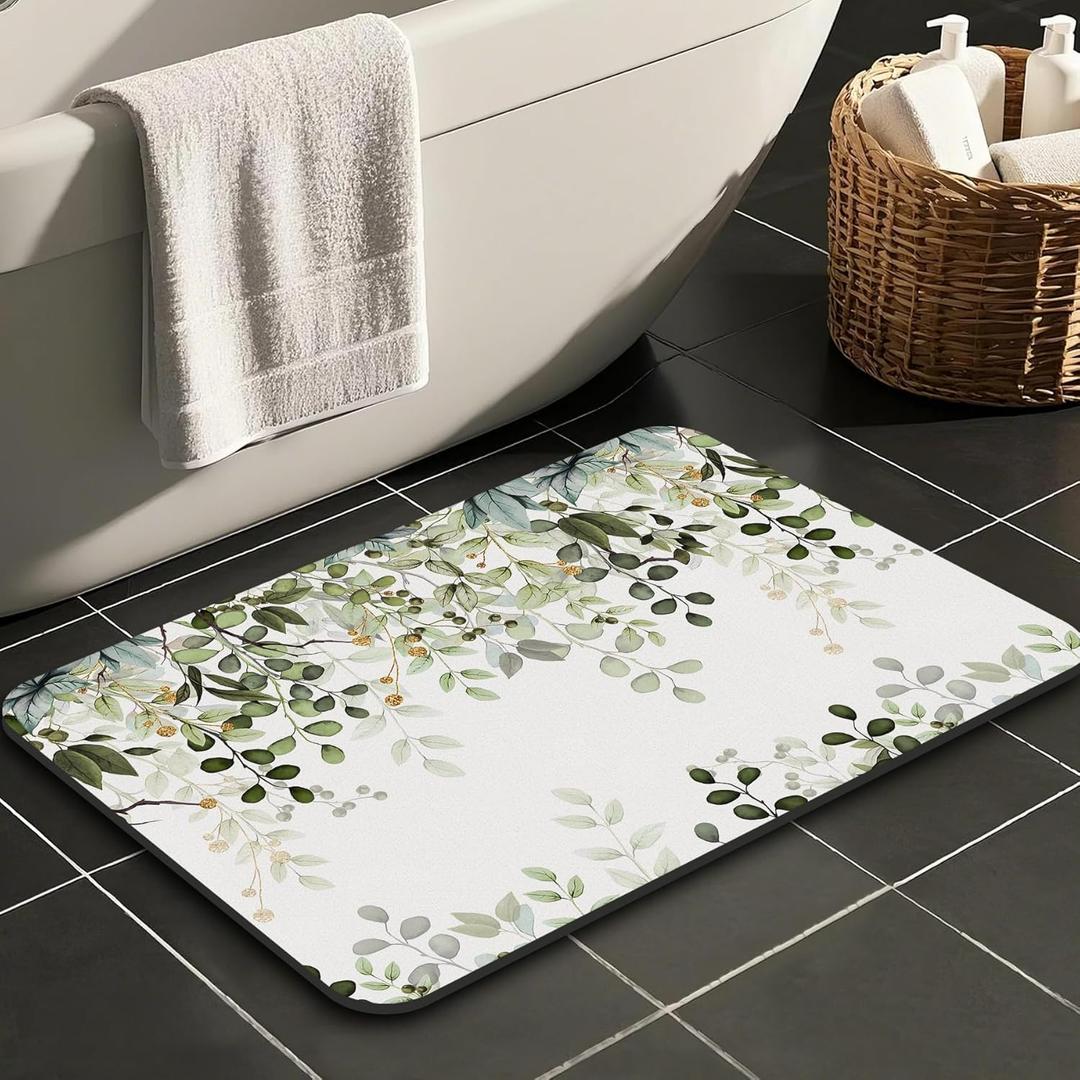 Sage Green Eucalyptus Watercolor Leaves Bathroom Rugs Mat Non Slip Super Absorbent Stain Resistant Quick Dry Thin Bathroom Rug-Bath Mats for Bathroom Floor Bathtub,(16"x24"+30"x20")