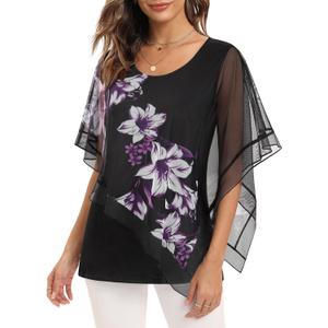 SeSe Code Women's Elegant Mesh Blouses Flowy Poncho Tops Dressy Casual Shirts