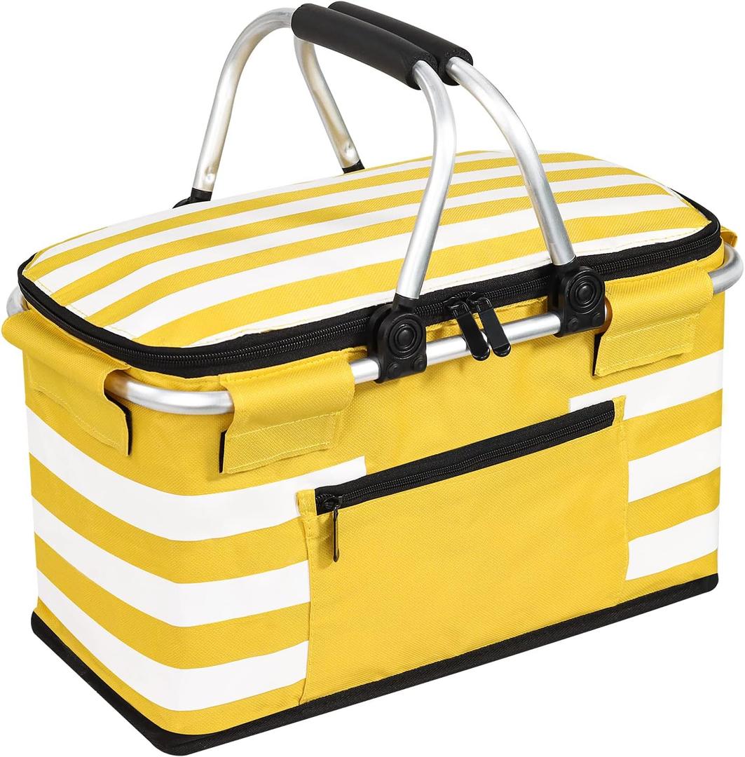 KEFOMOL Insulated Picnic Basket, Leak-Proof Collapsible Cooler Bag, 26L Grocery Basket with Lid, 2 Sturdy Handles, Storage Basket for Picnic, Food Delivery, Take Outs, Market Shopping, Travel (Yellow)