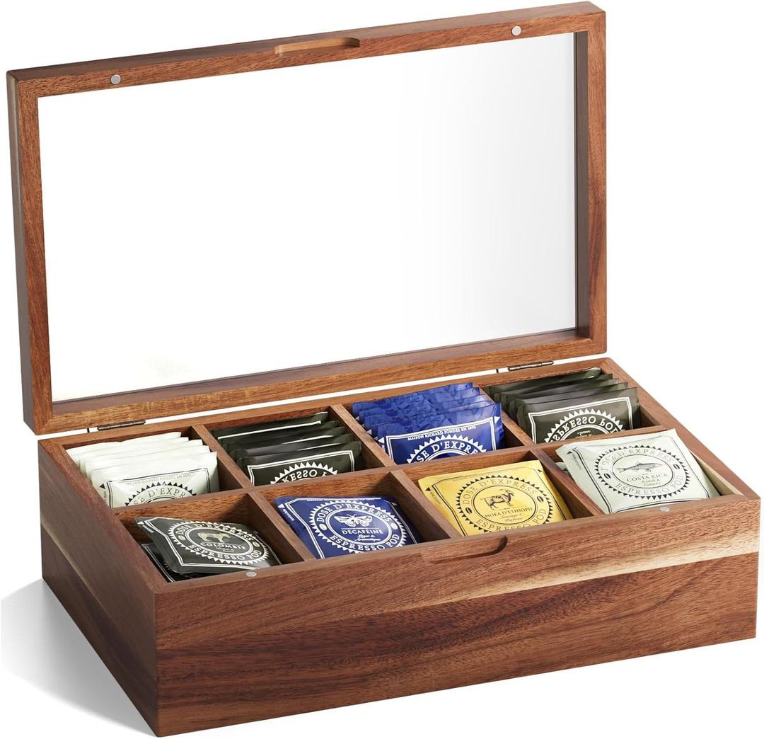 Acacia Wood Tea Bag Organizers, Tea and Sugar Packet Storage Chest,Wooden Teabag Holder Containers,Teabox Storage Box with 8 Compartments and Clear Acrylic Top Window