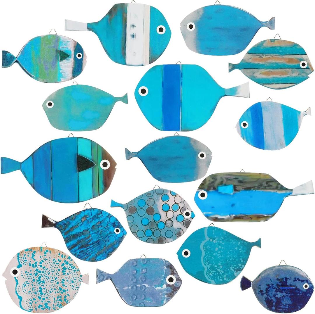 Spiareal 15 Pcs Fish Wall Decor Wooden School of Fish Wall Art Nautical Decor Vintage Hanging Coastal Fishing Sculpture Ocean Theme Ornaments Gifts for Lake House Bathroom Bedroom(Classic)