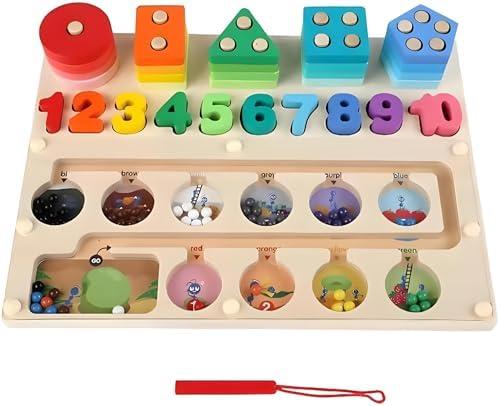 3-in-1 Magnetic Wooden Maze, Montessori Toys, Stacking Building Blocks Shape Sorter Number Board, Color Matching Educational Learning Toys for Kids, Toddler Gift, Toys for Boys Girls 3 4 5 Years Old