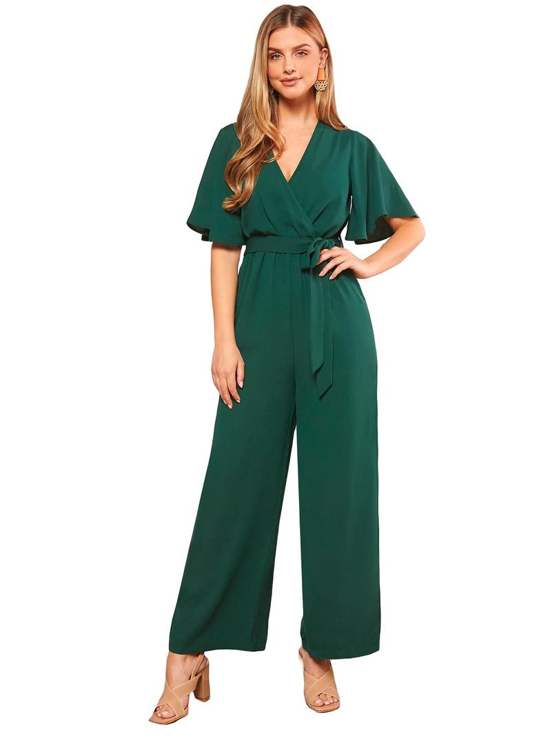 WDIRARA Women's Wide Leg Jumpsuit Wrap V Neck Butterfly Short Sleeve Tie Knot Front Elegant Jumpsuits Romper Dark Green XL