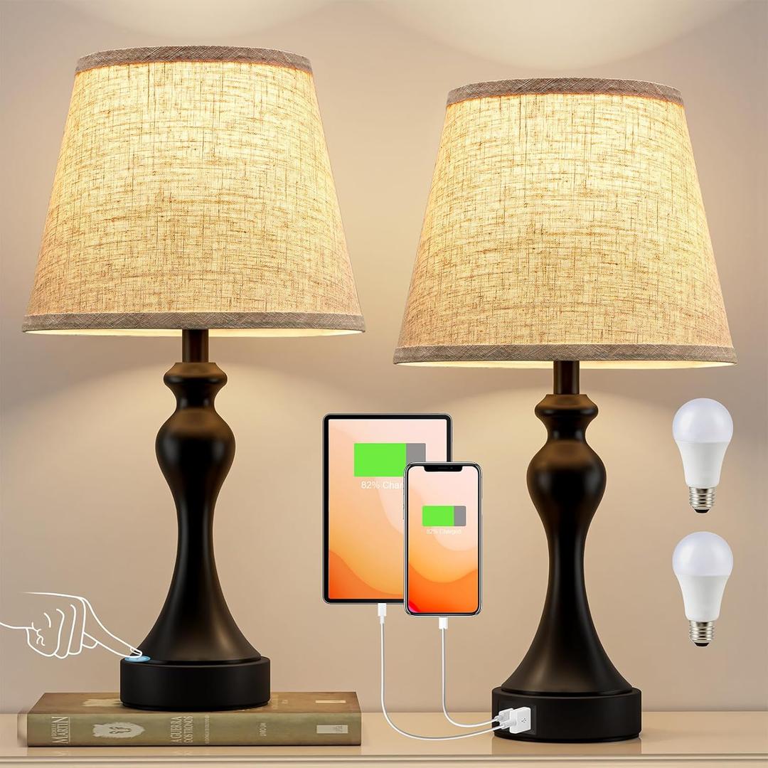 Seealle Touch Lamps for Nightstand - Bedside Lamps Set of 2, 3 Way Dimmable, USB C+A for Bedroom & End Tables (Beige&Black)