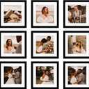 10x10 Picture Frame Set of 9, Display Pictures 8x8 with Mat or 10x10 without Mat, Multi Collage Gallery Square Photo Frames for Wall or Tabletop, Black