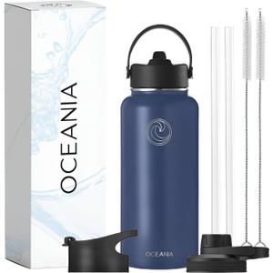 Oceania Flask 22oz Stainless Steel Water Bottles | Modern, Leakproof, Hydro BPA-Free, Insulated Water Bottle with 3 Lids, 3 Straws & 2 Straw Cleaning Brushes | Simple Camping & Hiking Water Bottles (Navy)