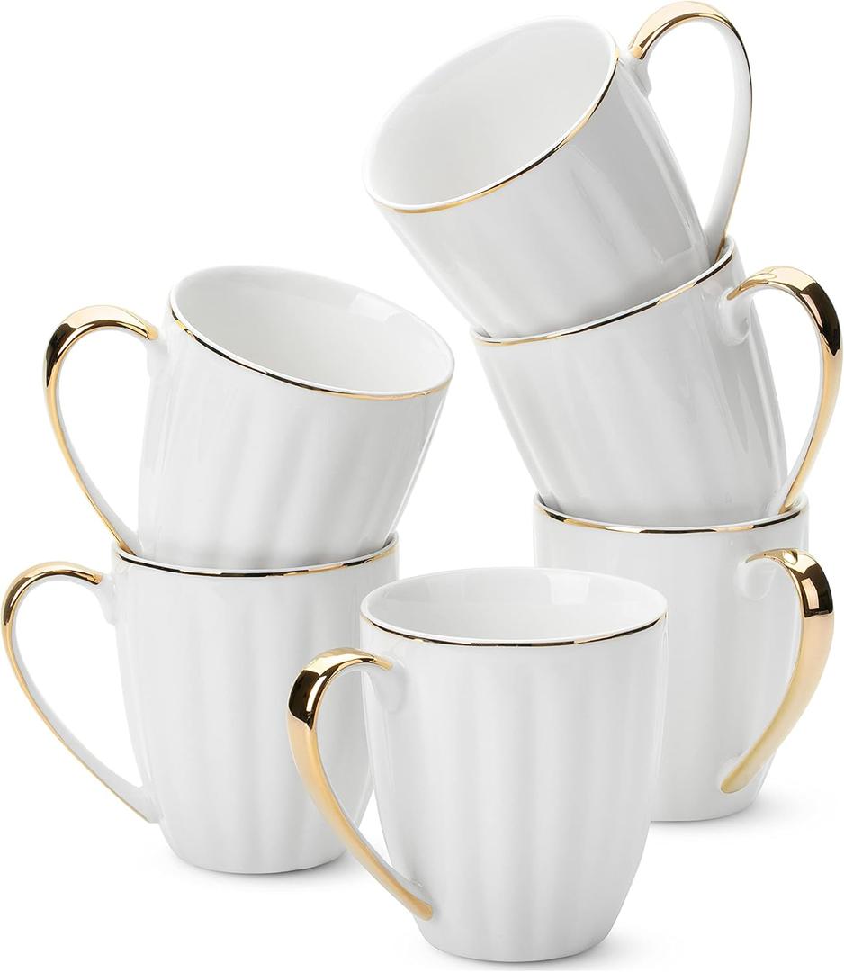 BTaT- White Coffee Mugs Set of 6 (12 oz), Porcelain White Coffee Mug Set with Gold Trim Design