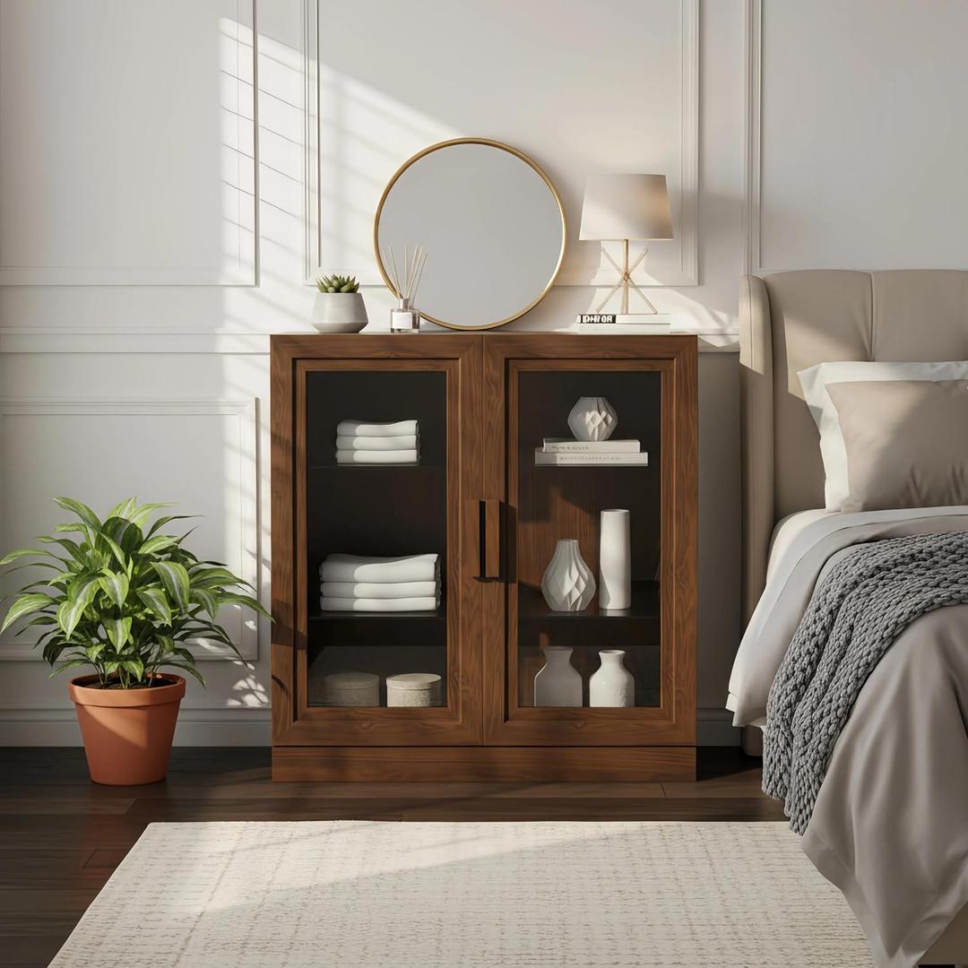 Casaphoria Buffet Cabinet with Storage, Farmhouse Sideboard Cabinet with Tempered Glass Doors & 2 Adjustable Shelves, 31" W x 36" H Coffee Bar for Entryway Kitchen Living Room, Walnut