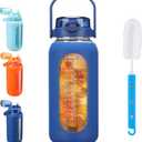 Glass Water Bottle with Straw and Handle Lid Half Gallon Motivational Glass Bottle with Silicone Sleeve and Time Marker Large Reusable Sports Water Jug for Gym Home Workout (64 Ounces, Dark Blue)