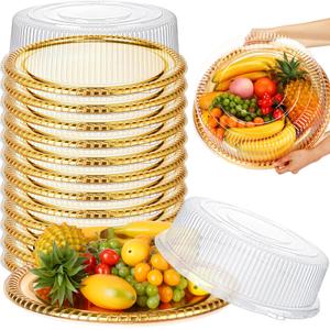 Nitial 12 Pcs Heavy Duty Serving Tray with Clear Lid, Round Elegant Gold Catering Trays Disposable Large Plastic Platters for Fruit Cake Sandwich Food Picnic Christmas Party Supplies (12 Inches)