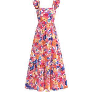 dowerme Summer Dresses for Women 2026 Casual Ruffle Smocked Tiered A-Line Boho Floral Maxi Beach Sun Dress with Pockets(Pink Orange Flower, Medium)