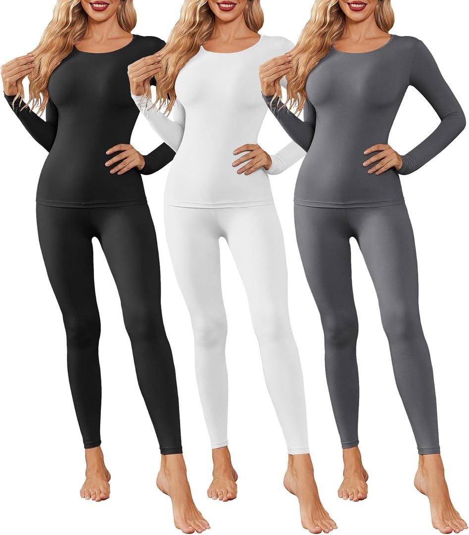 Ekouaer 3 Pack Thermal Underwear for Women Long Johns Long Sleeve Base Layer Thermals Cold Weather Sets (Medium, Black/White/Deep Grey)