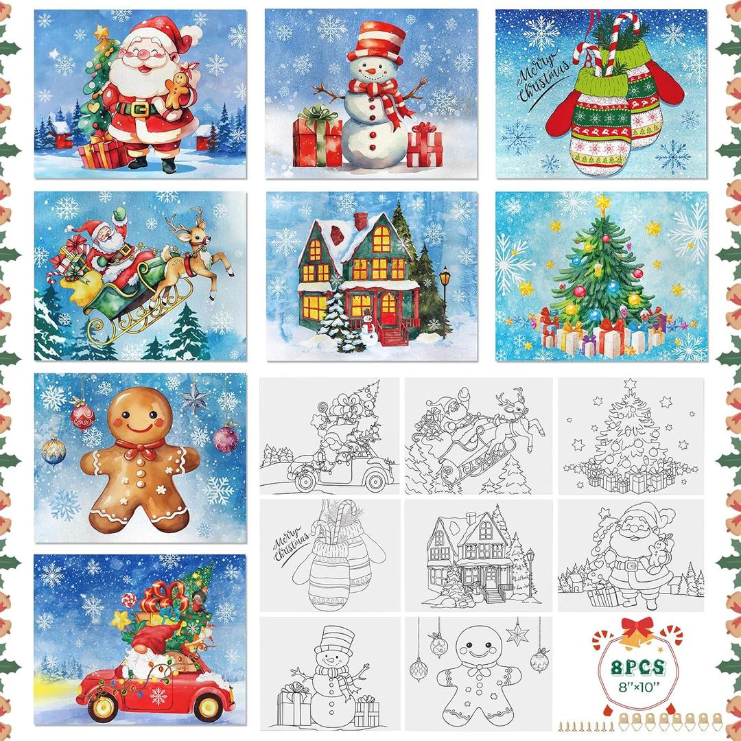 Cinpode Christmas Pre Drawn Canvas to Paint for Adults Kids - 8x10 Inches Pre Printed Framed Canvases Set for Sip and Paint Party, Pre Sketched Canvas for DIY Craft, Home Decors