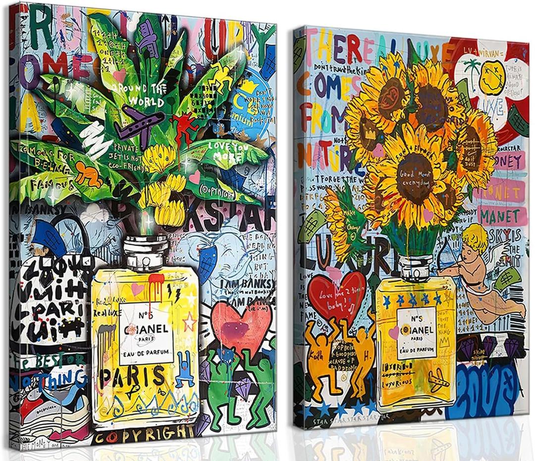 Framed Set of 2 Fashion Modern Graffiti Wall Art Colorful Street Art Canvas Painting - Perfume Bottle Posters Banksy Colorful Print Pop Art Pictures Wall Decor 16"*24"*2
