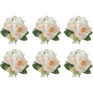 Meldel Champagne Pocket Boutonniere for Men Wedding,Set of 6,Groom Groomsman Boutonnieres Artificial Rose Hydrangea Berry Corsage for Prom Ceremony Party Homecoming
