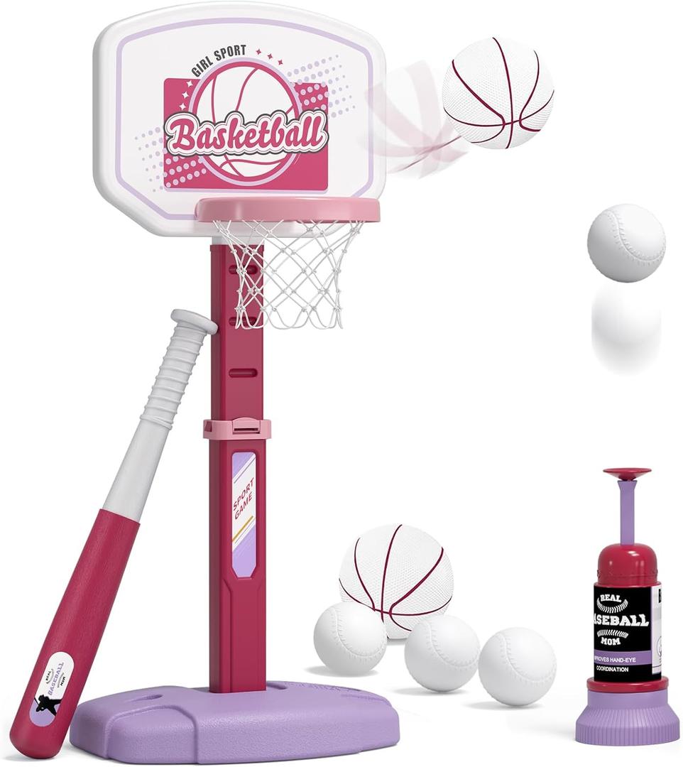 2 in 1 Kids Basketball Hoop and T Ball Set - Adjustable Height, Kids Baseball Tee with Automatic Pitching Machine, Indoor Outdoor Sport Toys Gifts for Toddler Boys Girls Age 1-5, Pink