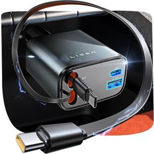 LISEN Retractable Car Charger USB C [Upgraded Dual Type C] 69W Fast 4 in 1 Car Charger for iPhone 17, Valentines Day Gifts for Him Her Men Women, Car Accessories for Galaxy S25 Phone 17 Pro Max 16 15 (Grey)