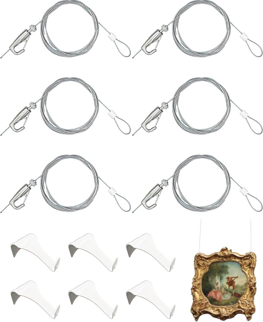 Picture Hanging Kit – Picture Rail Hooks with 6 of Each White Rail Hooks, 72 Inch Invisible Loop Cord, 6 Adjustable Hooks – Stainless Steel Picture Molding Hangers Nylon and Steel Cable
