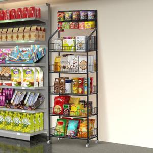 Nisorpa 5 Tier Supermarket Retail Display Rack with Wheels, 10 Hooks, Metal, Large