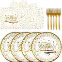 72PCS Happy Birthday Plates and Napkins Party Supplies, White Gold Dot Paper Plates and Napkins with Forks Disposable Tableware Set for Birthday Party Decorations, Serves 24
