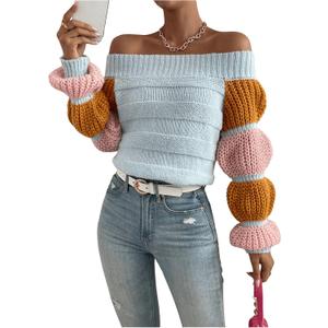 GORGLITTER Women's Off Shoulder Sweater Colorful Bishop Long Sleeve Pullover Tops Multicolor Large
