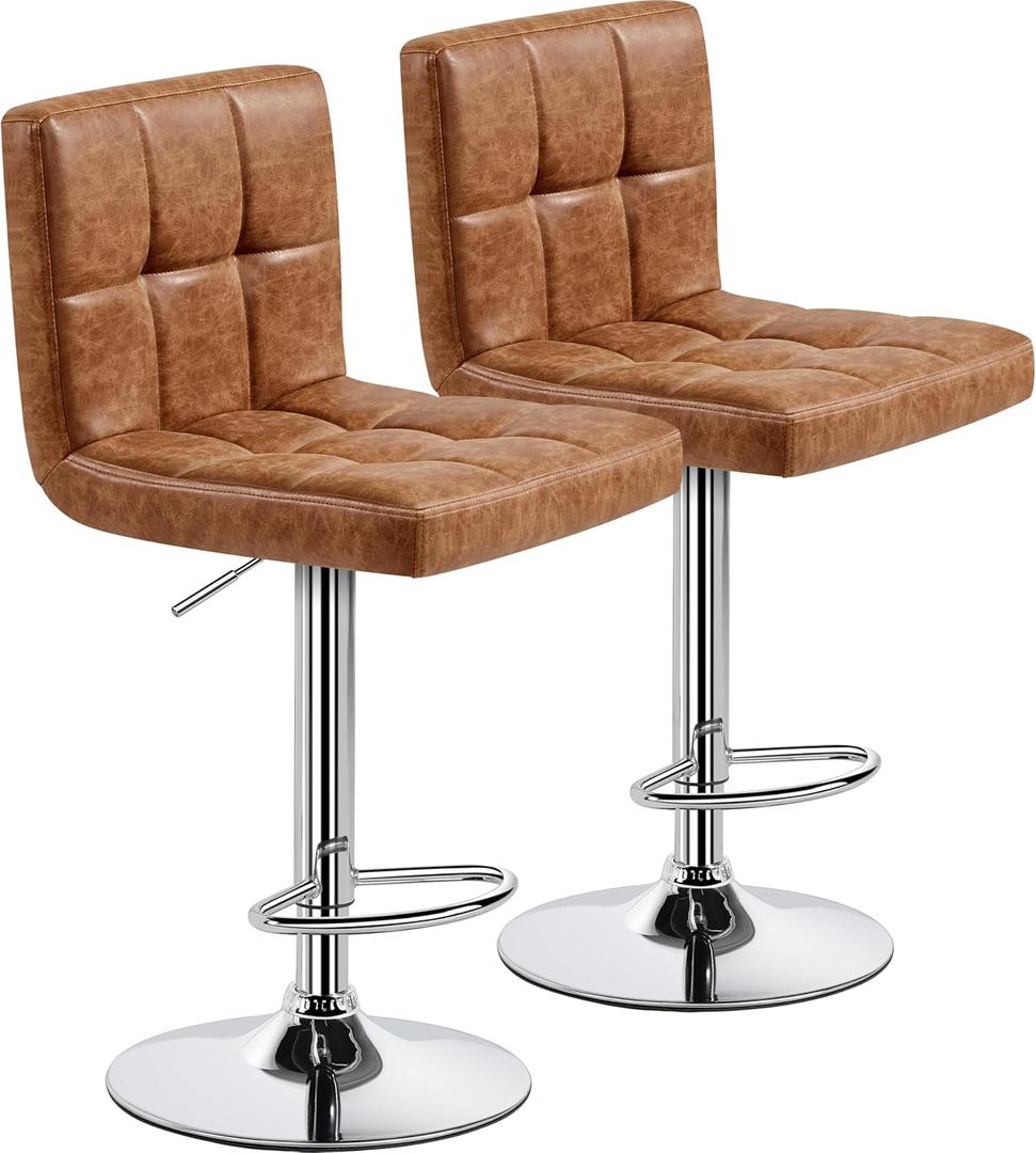 Yaheetech Bar Stools Set of 2, PU Leather Swivel Barstools, Height Adjustable Counter Chairs, Modern Stools with Back for Bar Kitchen Island Dining Room, Retro Brown
