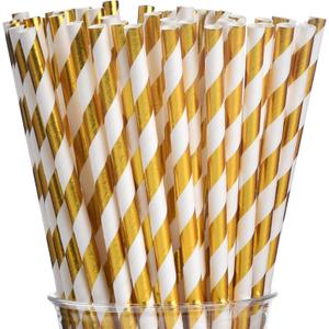ALINK 100 White and Gold Striped Paper Straws, Biodegradable Disposable Drinking Straws for Birthday, Bridal/Baby Shower, Christmas, New Year, Party Decoration Supplies
