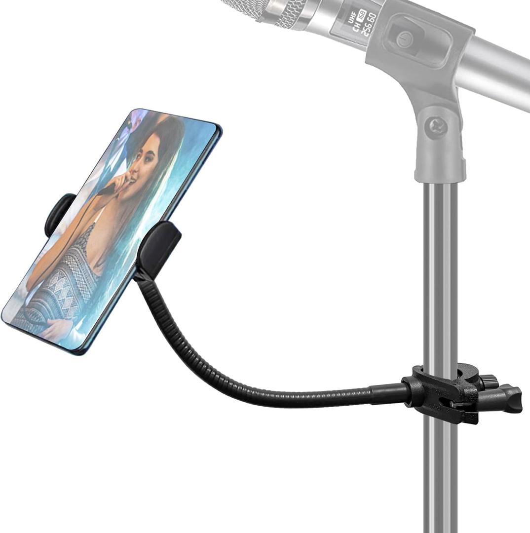 Phone Holder for Mic Stand, JCWINY Mic Stand Phone Holders [10" Long Flexible Gooseneck Arm] Cell Phone Holder for Microphone Stand, iPhone Music Stand Holder for iPhone, Samsung Galaxy and More, Black