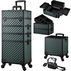 Stagiant Rolling Makeup Case 4 in 1 Cosmetology Case on Wheels Makeup Travel Case with Cosmetic Bag Key Swivel Wheels Salon Barber Case Traveling Cart Trunk Cosmetic Trolley Green
