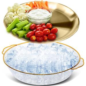 Baderke 1 Set 11.8" Chilled Serving Tray for Parties with Compartments Ice Chilled Party Platter Charcuterie Serving Board Cold Dish Dip for Fruit Seafood Vegetable Shrimp Cocktail (Gold)