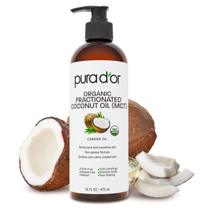 PURA D'OR 16 Oz ORGANIC Fractionated Coconut Oil – USDA Certified – MCT Oil – Therapeutic, Hydrating, Lightweight Moisturizer – Hexane Free Carrier Oil For Essential Oils & Massage – Face, Hair & Body