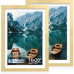 Hongkee 14x20 Frame Set of 2, Gold Wood Style for 12x18 Mat
Display Posters 12x18 with Mat or 14 x 20 No Mat, Wall Mounting for Photos, Artwork; Fits Home, Office & Gallery Wall Decor