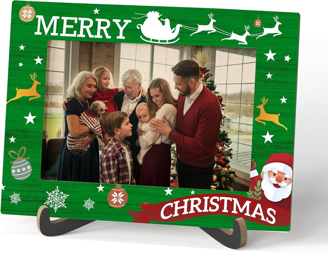 2 x Qiwog Merry Christmas Picture Frame, Winter Holiday Decorations Holiday Gifts, Santa Theme Photo Frame Signs, Wooden Tabletop Photo Frame With Stand, Christmas Frame Gifts for Family Friends-C07