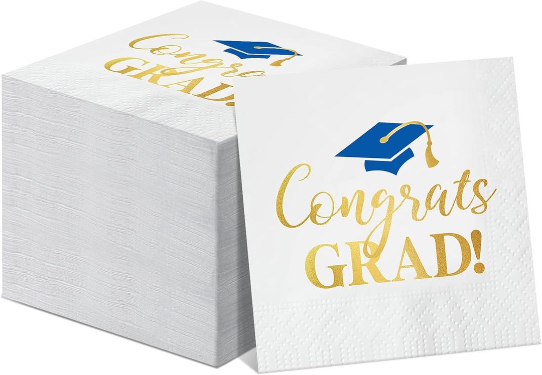 Jutom 100 Pcs Graduation Party Napkins Beverage Cocktail Foil Disposable Paper Napkins 2026 Hand Towels for Graduation Party Celebration Decorations(White Gold Blue)