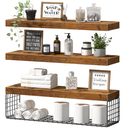 QEEIG Bathroom Shelves 24 inches Long - Floating Shelf for Wall Over Toilet Paper Storage Basket Farmhouse Set of 3, Rustic Brown (019-60BN3) 