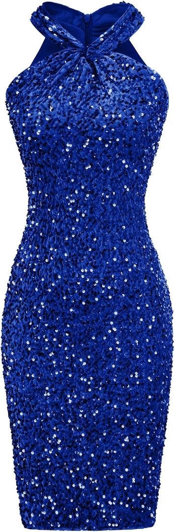 GRACE KARIN Sequin Dress for Women Sleeveless Sparkly Glitter Halter Dress Bodycon Mini Club Dresses 2025 (Large, Royal Blue)