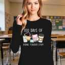 100 Days of School Shirt Teacher School Days Long Sleeve Shirts Funny 100 Days Celebration Tee Tops (Black, L)