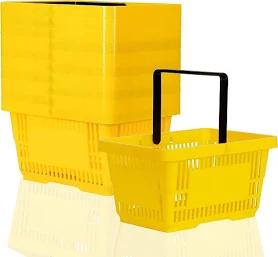 Only Hangers Plastic Shopping Baskets - Durable Yellow Plastic Set of Shopping Baskets with Stand and Sign - Set of 12 Plastic Baskets with Metal Handles