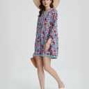 YEXPINE Women's Floral Print Cover Up Boho Tassel Tie Neck 3/4 Sleeve Casual Beach Summer Vacation Mini Dress