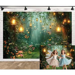 Spring Enchanted Forest Backdrop, Fairy Tale Wonderland Garden Backdrops for Photoshoot, Mushroom Butterfly Woodland Fairy Tea Party Decorations Photo Booth Studio Props Backdrops 10X8FT (Green)