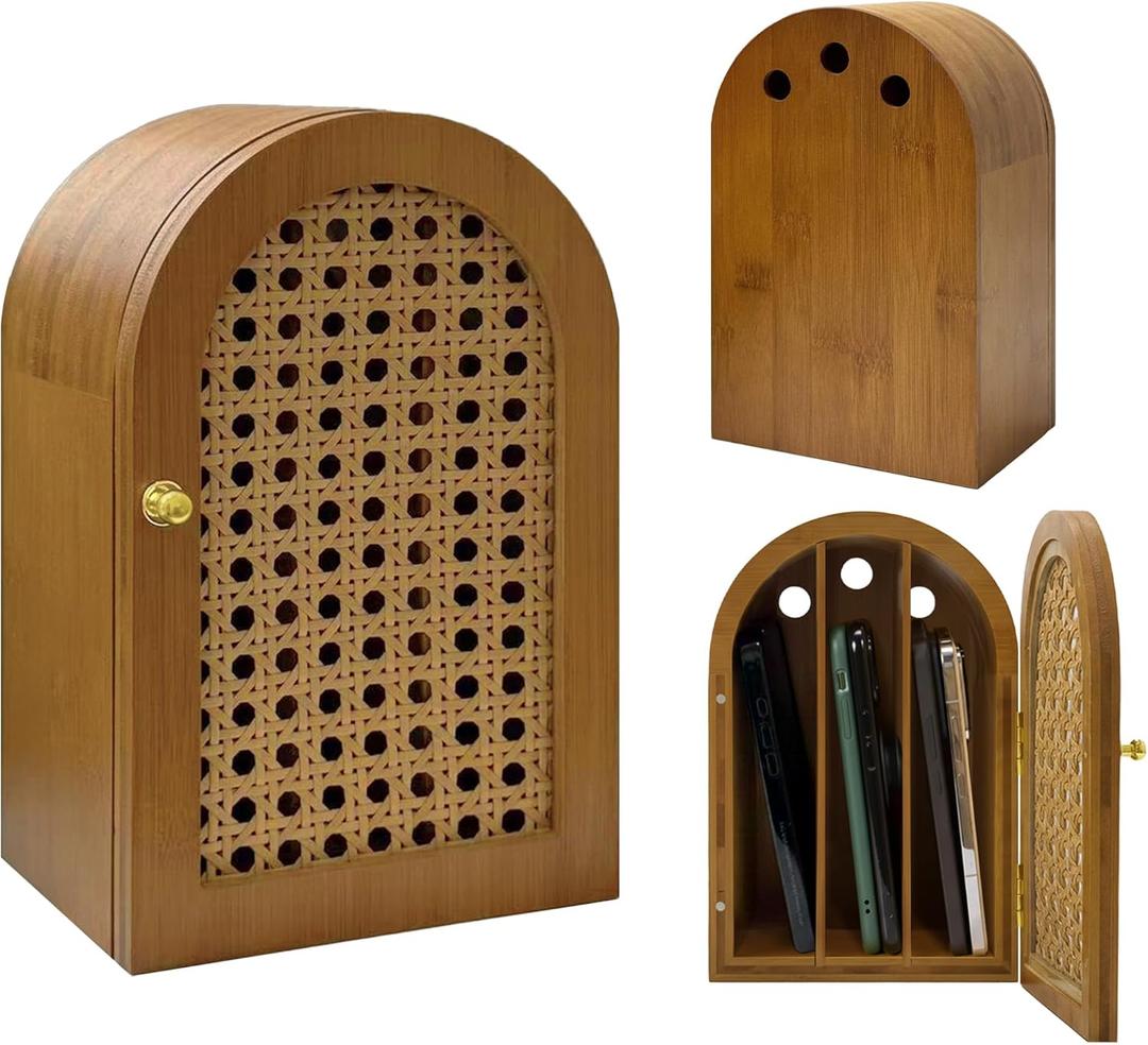 Verssure Bamboo Phone Box,Premium Cell Phone Box for Family Time, Cell Phone Jail with Charging Holes,Phone Lock Box Holds 6 Phones (Mocha)