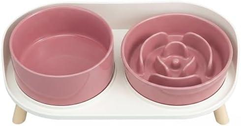 Elevated Slow Feeder Dog Bowls - Ceramic Food and Water Bowl Set with Stand - Raised Pet Dishes for Small and Medium Sized Dogs